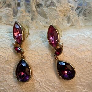 Pierced Earrings: Pink & Purple Glass with Pearl in Gold Tone Setting